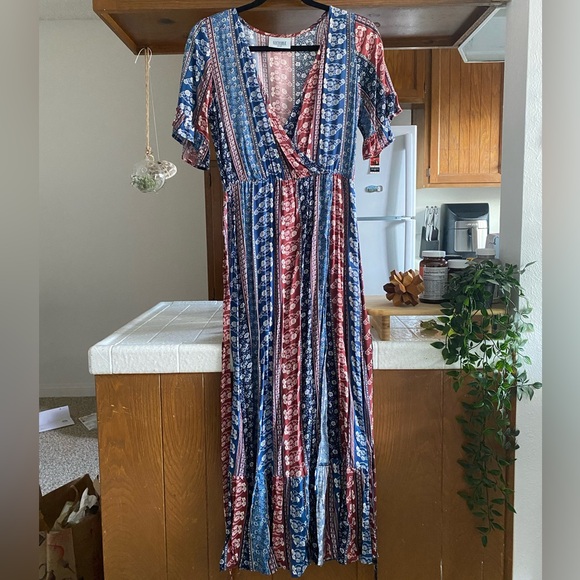 Enchanted Blue and Rust Red Print Ruffled Midi Dress | Lucy Love - Picture 6 of 10